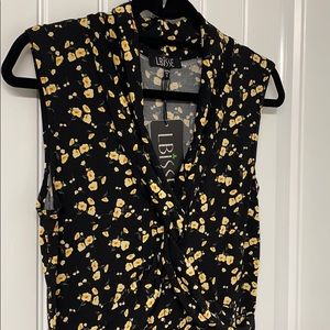 Black Floral Sleeveless Twisted Surplice Dress, S